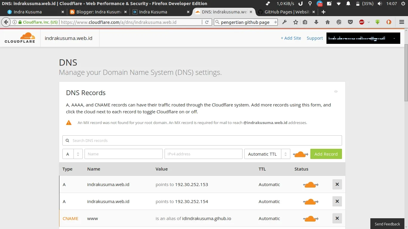 Setting DNS for Github Pages